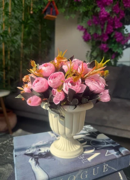 Nettenevime Yapay Çiçek Krem Antik Saksıda Pembe Erengül 23cm ürün görseli 1