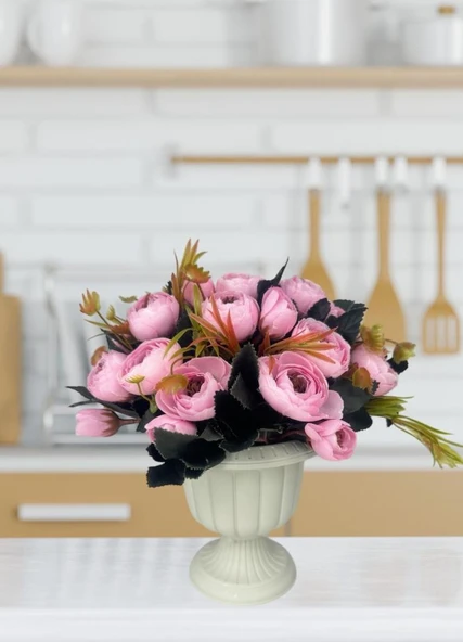 Nettenevime Yapay Çiçek Krem Antik Saksıda Pembe Erengül 23cm - Resim 5