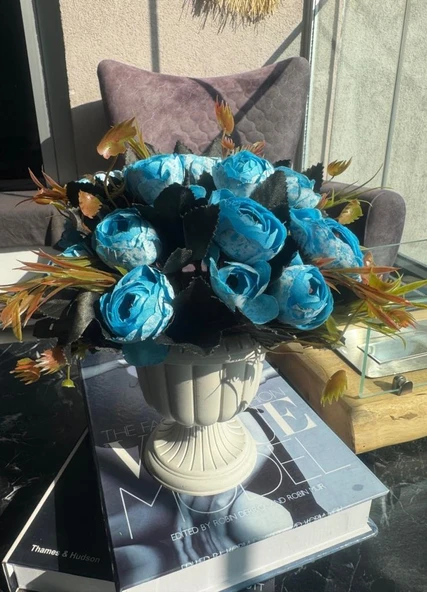 Nettenevime Yapay Çiçek Krem Antik Saksıda Mavi Erengül 23cm - 7