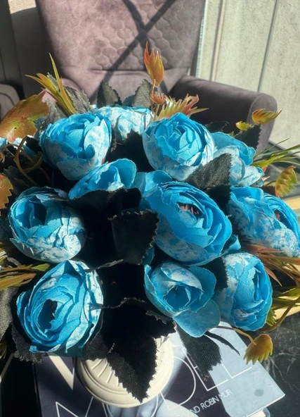 Nettenevime Yapay Çiçek Krem Antik Saksıda Mavi Erengül 23cm - 6