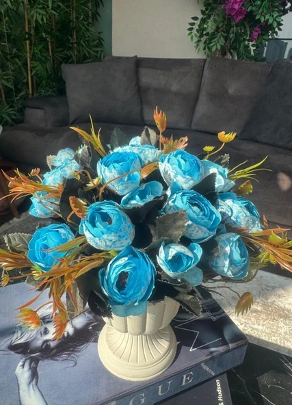 Nettenevime Yapay Çiçek Krem Antik Saksıda Mavi Erengül 23cm - 4