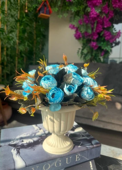 Nettenevime Yapay Çiçek Krem Antik Saksıda Mavi Erengül 23cm - 3