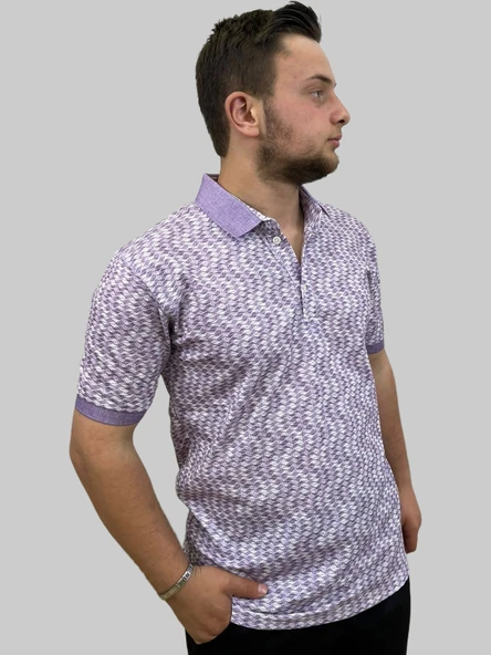 Erkek Gnsn Düğmeli Dijital Baskılı Polo Yaka Mürdüm Tişört - 4