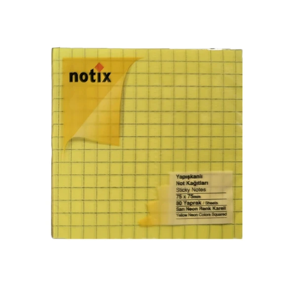 Notix Neon Sarı Kareli Yapışkanlı Not Kağıdı 80 Yaprak 75x75