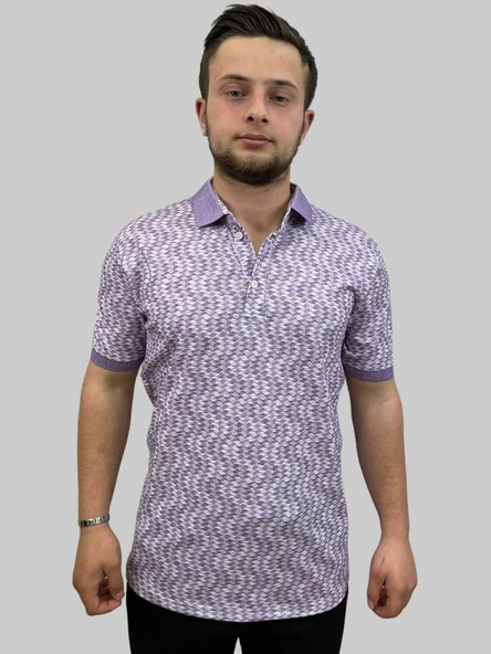 Erkek Gnsn Düğmeli Dijital Baskılı Polo Yaka Mürdüm Tişört