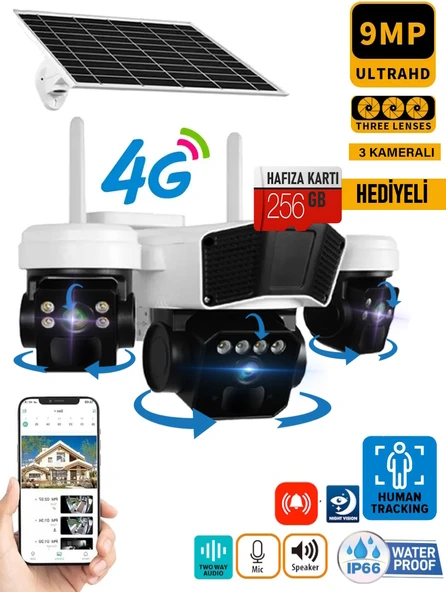 O-Kam 3936 256GB 9MP (3+3+3) Üç Kameralı UltraHD 4G Solar Akıllı Güvenlik Kamerası