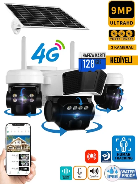 O-Kam 3936 128GB 9MP (3+3+3) Üç Kameralı UltraHD 4G Solar Akıllı Güvenlik Kamerası