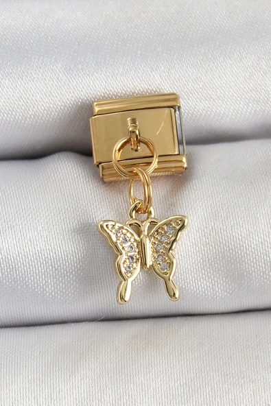 316L Çelik Sallantılı Zirkon Taşlı Kelebek Model Gold Renk Nomination Charm - TJ-BC1414