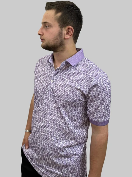 Erkek Gnsn Düğmeli Dijital Baskılı Polo Yaka Mürdüm Tişört - 3