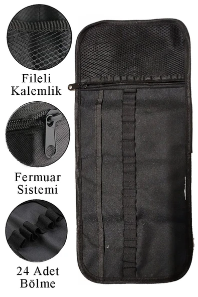 Siyah Rulo Bez Kalemlik 24 Bölme ve Fileli Fermuarlı Kalemlik 1 Adet Kalem ve Fırça Sarma Saklama Çantası Düzenleyici - 2