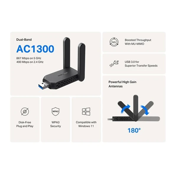 MERCUSYS MA32H AC1300 USB 3.0 KABLOSUZ AĞ ADAPTÖRÜ - 3