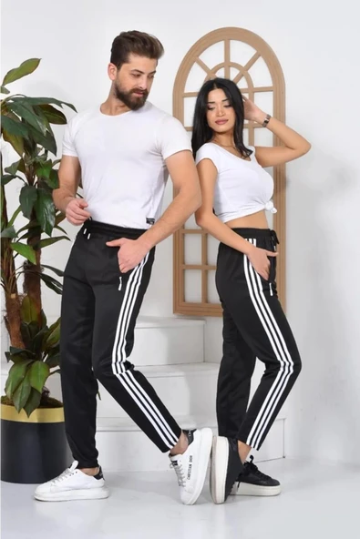 Maki Home 3 Şeritli Scuba Kumaş Kadın Erkek Unisex Siyah Eşofman Altı Beyaz Çizgili