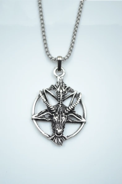 Pentagram Yıldızı Keçi Kafası Gümüş Kaplama Örme Zincir Kolye ürün görseli 1