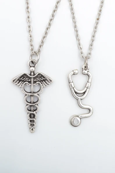 2'li Tıp Sembolü Kadüse - Steteskop Gümüş Kaplama Kolye Seti ürün görseli 1