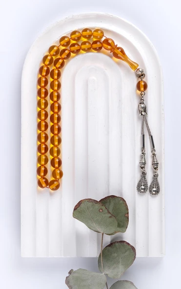 Sıkma Serisi Sarı Kehribar Tesbih Metal Püsküllü Tesbih Küre Kesim