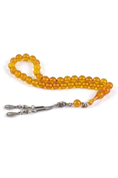 Sıkma Serisi Sarı Kehribar Tesbih Metal Püsküllü Tesbih Küre Kesim - 2