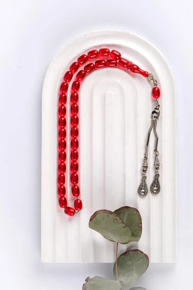 Sıkma Serisi Kırmızı Kehribar Tesbih Metal Püsküllü Tesbih Kapsül Kesim