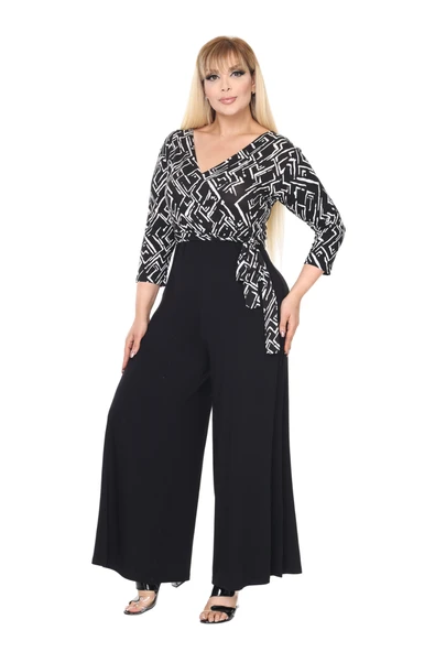 Melsay Butik Kruvaze Yaka Zigzag Desen Büyük Beden Kadın Tulum