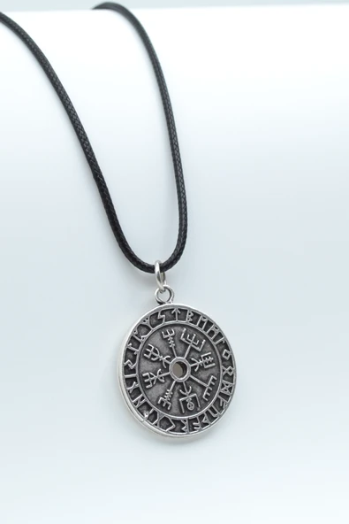 Vegvisir Pusula - Viking Sembol Gümüş Kaplama Deri İp Kolye ürün görseli 1