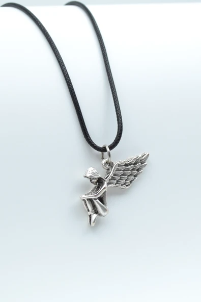 Kanatlı Melek - Peri Gümüş Kaplama Deri İp Kolye ürün görseli 1