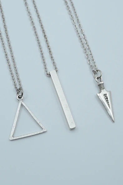 3'lü Üçgen Düz Çubuk Bar Triagle Ok Ucu Gümüş Kaplama Kolye Seti ürün görseli 1