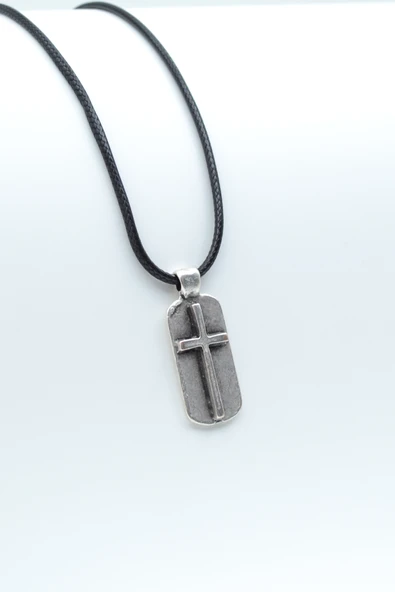 Haç Künye Gümüş Kaplama Deri İp Kolye ürün görseli 1