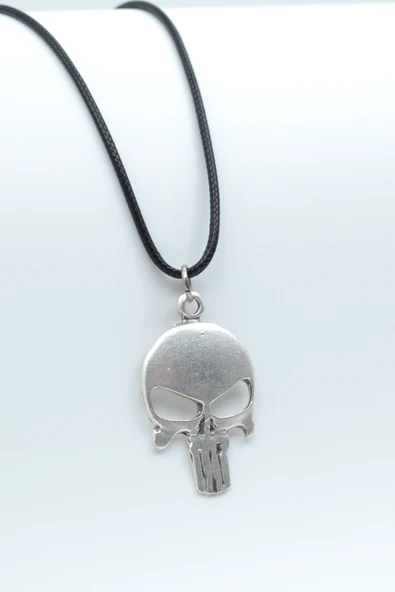 Punisher Cezalandırıcı Gümüş Kaplama Deri İp Kolye ürün görseli 1