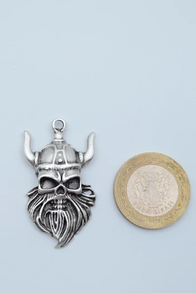 Viking Sakallı Kuru Kafa Gümüş Kaplama Kolye Ucu - Resim 3