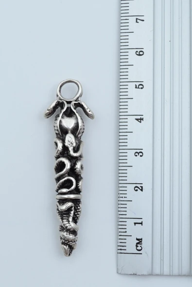 Çift Yılanlı Çubuk Gümüş Kaplama Deri İp Kolye - Resim 3