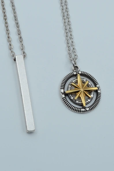 2'li Çubuk Prizma Pusula Kutup Yıldızı Gümüş Kaplama Kolye Seti ürün görseli