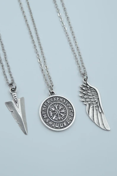 3'lü Triagle Ok Ucu Viking Pusula Büyük Kanat Gümüş Kaplama Kolye Seti ürün görseli 1