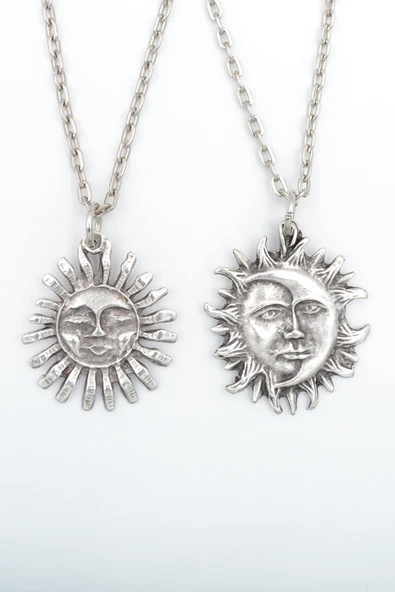 2'li Güneş ve Ay - Gülen Güneş  Gümüş Kaplama Kolye Seti ürün görseli 1