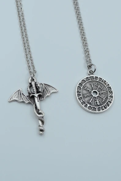 2'li Ejderha Kılıç Viking İşlemeli Pusula Gümüş Kaplama Kolye Seti ürün görseli