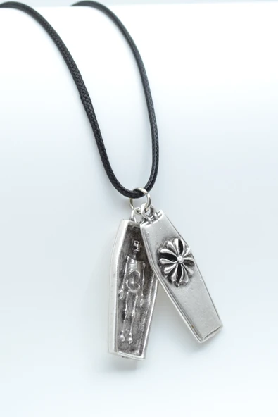 Tabut - İskelet Gümüş Kaplama Deri İp Kolye ürün görseli 1