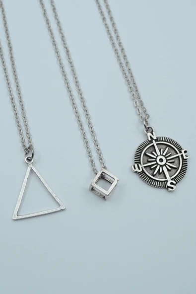 3'lü Geometrik Üçgen Küp Pusula Gümüş Kaplama Kolye Seti ürün görseli 1