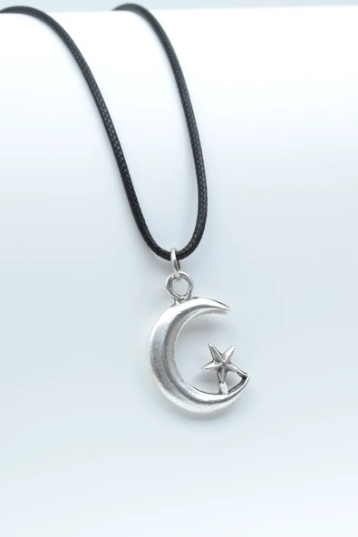 Ay Yıldız Gümüş Kaplama Deri İp Kolye ürün görseli 1