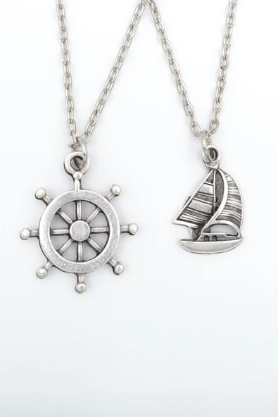 2'li Dümen - Yelkenli Gemi Gümüş Kaplama Kolye Seti ürün görseli 1