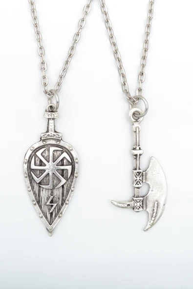 2'li Viking Kalkan - Antik Savaşçı Baltası Gümüş Kaplama Kolye Seti ürün görseli