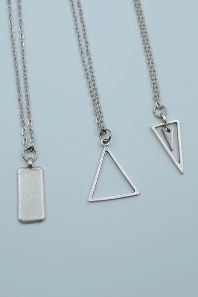 3'lü Dikdörtgen Sallantılı Üçgen Geometrik Gümüş Kaplama Kolye Seti ürün görseli 1