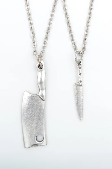 2'li Gastronomi Temalı Bıçak - Satır Gümüş Kaplama Kolye Seti ürün görseli