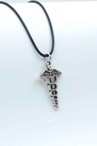 Tıp Sembolü Kadüse Gümüş Kaplama Deri İp Kolye ürün görseli 1