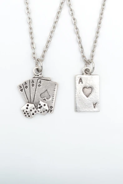 2'li Maça As İskambil - Full As İskambil Zar Gümüş Kaplama Kolye Seti ürün görseli 1
