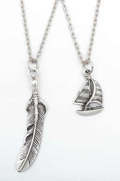 2'li Yelkenli Gemi - Tüy Gümüş Kaplama Kolye Seti ürün görseli 1