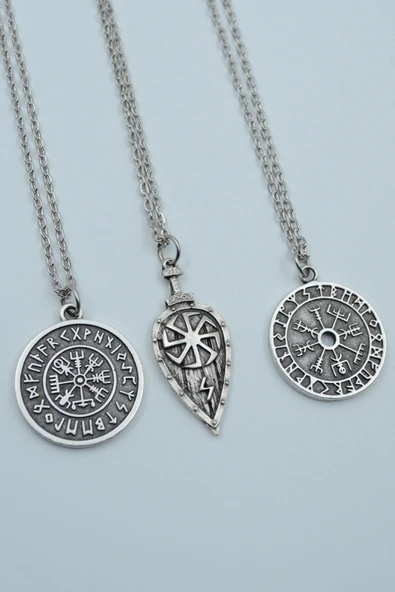 3'lü Viking Pusula Viking Kalkan Tılsım Gümüş Kaplama Kolye Seti ürün görseli 1