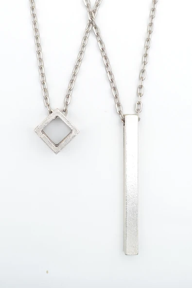 2'li Uzun Çubuk - Küp Gümüş Kaplama Kolye Seti ürün görseli