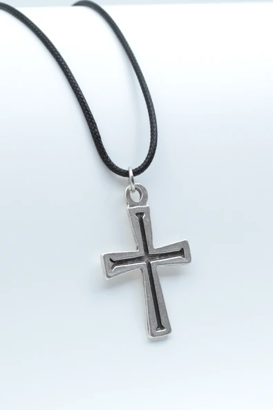 Haç Gümüş Kaplama Deri İp Kolye ürün görseli 1