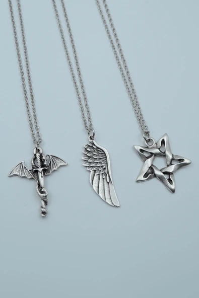 3'lü Ejderha Kılıç Büyük Kanat Pentagram Gümüş Kaplama Kolye Seti ürün görseli 1