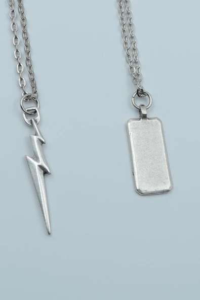 2'li Şimşek Flash Gordon Dikdörgen Bar Gümüş Kaplama Kolye Seti ürün görseli 1