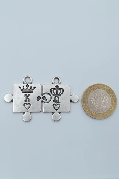 Puzzle - Queen - King - Sevgili Gümüş Kaplama Deri İp Kolye - 4
