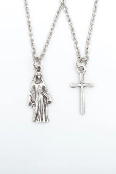 2'li Meryem Ana - Minimal Haç Gümüş Kaplama Kolye Seti - Resim 7